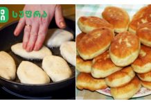 გამოიყენეთ კეფირი და კენკრა – საოცარ ღვეზელებს გამოაცხობთ ტაფაზე Split image: left shows hand pressing dough pieces in a frying pan; right shows a pile of golden baked buns.