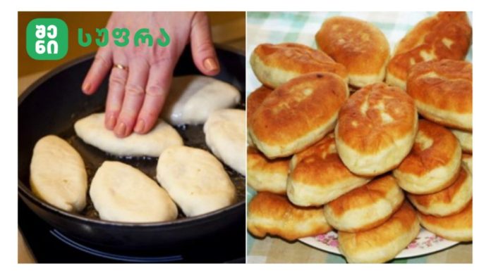 Split image: left shows hand pressing dough pieces in a frying pan; right shows a pile of golden baked buns.