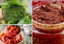 Სად ამზადებენ ყველაზე გემრიელ აჯიკას? Collage of four jars with sauces: green herb pesto, red pepper paste, chunky tomato sauce, and a dark red chili sauce paste in a jar.