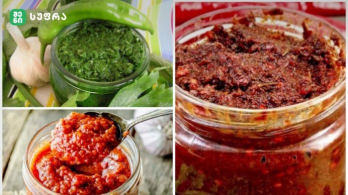 Collage of four jars with sauces: green herb pesto, red pepper paste, chunky tomato sauce, and a dark red chili sauce paste in a jar.