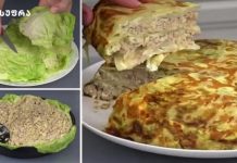 ეს არ არის მხოლოდ კომბოსტო, არამედ ნამდვილი კულინარიული დღესასწაულია Collage showing a step-by-step dish: lettuce being filled and formed into a wrap, with a ground meat filling being spread, and the finished stacked cheesy meat-and-egg casserole sliced on a plate.