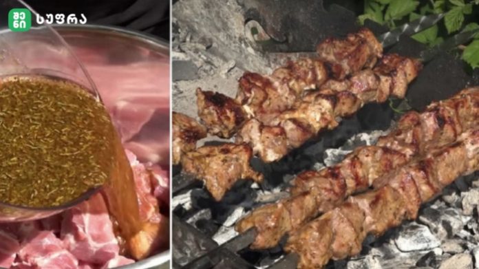 Two-panel image: on the left, raw meat is being marinated as brown sauce pours from a glass; on the right, skewered meat grills over charcoal embers.