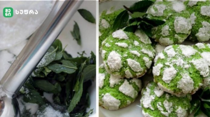 Two-panel image: left shows fresh green herbs with white powdered sugar nearby; right shows round green cookies heavily dusted with powdered sugar on a plate.