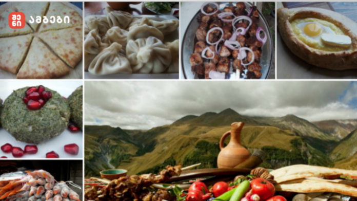 Collage of Georgian food: khachapuri, dumplings, grilled skewers, and other dishes, with a mountain-view feast featuring bread, vegetables, and a clay jug.