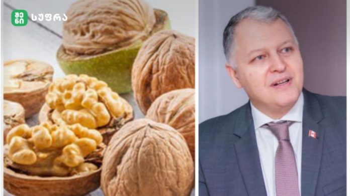 Split image: left panel shows walnuts and nut pastries with a green logo in the top-left; right panel shows a man in a suit speaking.