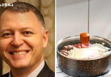 მიკროპლასტმასის საფრთხე თქვენს სამზარეულოში – როგორ ვიზიანებთ ჯანმრთელობას არაწებოვანი ტაფებით? Two-panel image: left a smiling man in a suit; right a pot boiling on the stove with vegetables and an egg visible beneath the lid.