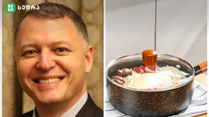Two-panel image: left a smiling man in a suit; right a pot boiling on the stove with vegetables and an egg visible beneath the lid.