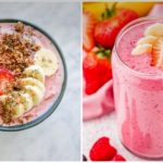 Collage of two pink strawberry–banana smoothies: left topped with banana slices and granola, right with strawberry garnish and straw.