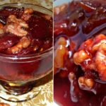 Two-panel image of plum-walnut compote: left shows a glass bowl of dark red fruit and walnuts on a patterned table; right a close-up of glossy red jelly with walnuts.