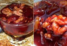 უჩვეულო და გემრიელი ჯემის რეცეპტი Two-panel image of plum-walnut compote: left shows a glass bowl of dark red fruit and walnuts on a patterned table; right a close-up of glossy red jelly with walnuts.