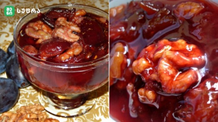 Two-panel image of plum-walnut compote: left shows a glass bowl of dark red fruit and walnuts on a patterned table; right a close-up of glossy red jelly with walnuts.