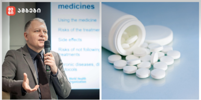 Collage: a man in a suit giving a talk with a microphone on the left, and an open pill bottle spilling white tablets on a blue surface on the right; the slide behind mentions medicines.
