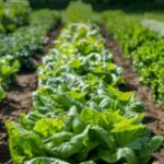 Rows of lush lettuce plants in neat cultivated beds bathed in sunlight on a farm field.