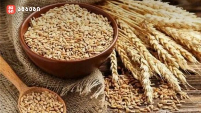 Bowl of mixed grain kernels with wheat stalks on a burlap surface.