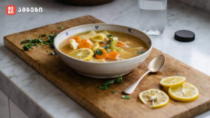 Bowl of lemon-garnished vegetable soup on a wooden cutting board with lemon slices and a spoon nearby.
