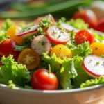 White bowl of mixed greens salad with lettuce, cherry tomatoes, and radish slices on a wooden table; logo visible in the top-left corner.