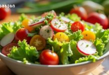 ყველაზე ჯანსაღი სალათის სამეული White bowl of mixed greens salad with lettuce, cherry tomatoes, and radish slices on a wooden table; logo visible in the top-left corner.