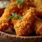 Crispy fried chicken tenders on a wooden platter with parsley and a dipping sauce in the background