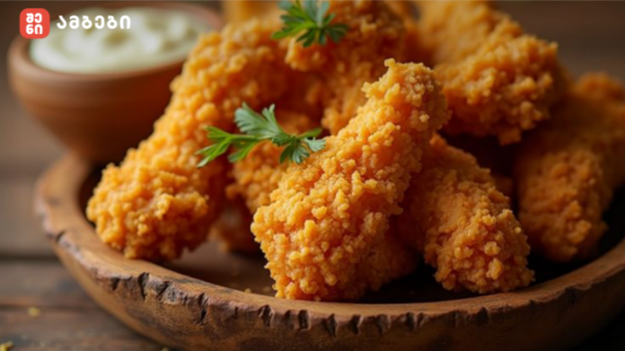 Crispy fried chicken tenders on a wooden platter with parsley and a dipping sauce in the background