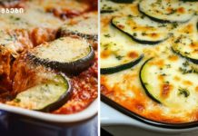 ყაბაყი თუ ბადრიჯანი? – რომელი ავირჩიოთ? Left and right panels show baked vegetable gratin dishes: eggplant in tomato sauce with melted cheese on the left, zucchini slices with cheese on the right.