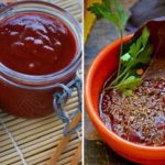 Split image of plum jam: left shows a jar of red plum jam with fresh plums on a bamboo mat