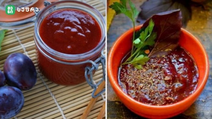 Split image of plum jam: left shows a jar of red plum jam with fresh plums on a bamboo mat