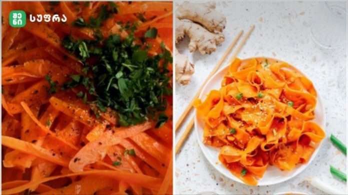Two-panel image of carrot noodle pasta: close-up with chopped parsley on the left and a plated dish of carrot ribbon pasta with chopsticks on the right.