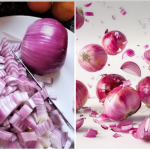 Two-panel scene: left shows a white plate with chopped purple onions and a knife; right shows whole purple onions with pieces and confetti in the air.