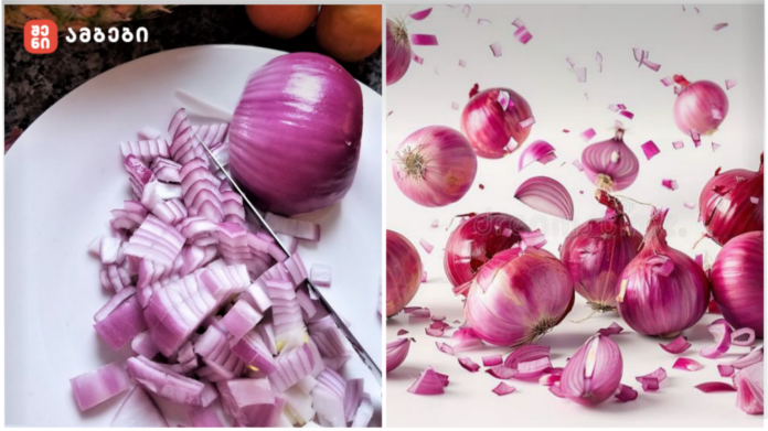 Two-panel scene: left shows a white plate with chopped purple onions and a knife; right shows whole purple onions with pieces and confetti in the air.