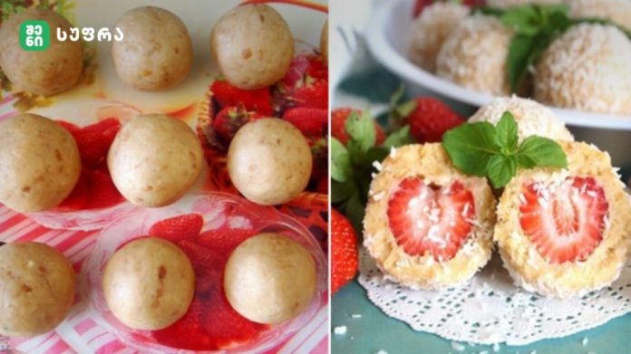 shenisupra-deserti-1-1024x575 Collage of two strawberry desserts: on the left, beige round balls on a strawberry-patterned plate; on the right, coconut-coated pastry halves filled with strawberry and cream, garnished with mint.