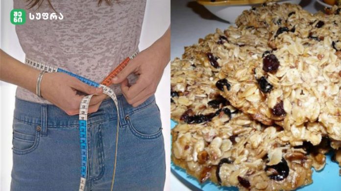 shenisupra-dieturi-1024x575 Split image: person using a measuring tape around the waist on the left, and a close-up of a bowl/plate of granola with oats, nuts, and dried fruit on the right.