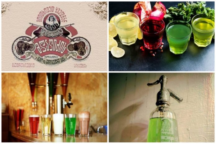 Collage of four drink-related images: a vintage liquor label, colorful shot glasses, bar taps with drinks, and a green liquid soap dispenser.