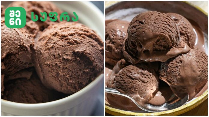 Split image of two bowls with chocolate ice cream scoops; left side shows a green logo overlay, right side shows close-ups of creamy scooped chocolate ice cream with a spoon in a bowl.