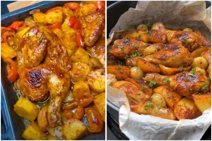 Left: crispy roasted chicken with potatoes and bell peppers; Right: glazed chicken with baby potatoes and herbs on parchment.