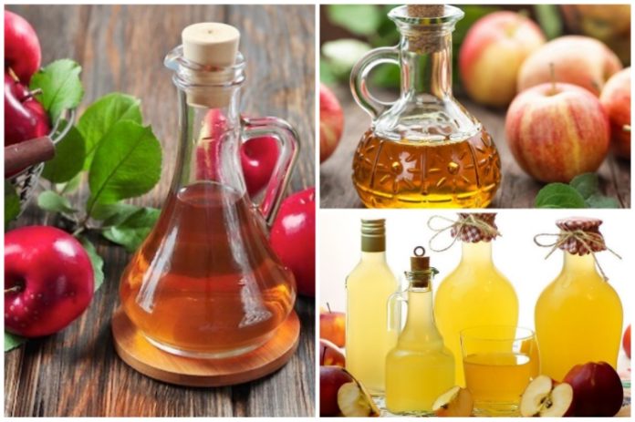 Collage of glass bottles with apple-based vinegar and oils, surrounded by fresh apples on a wooden surface.