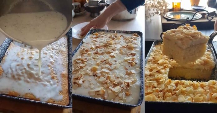 Collage showing almond cake prep: pouring batter into a cake pan, a pan topped with white icing and almond slices, and a slice of almond cake lifted from the pan with more almonds around it.