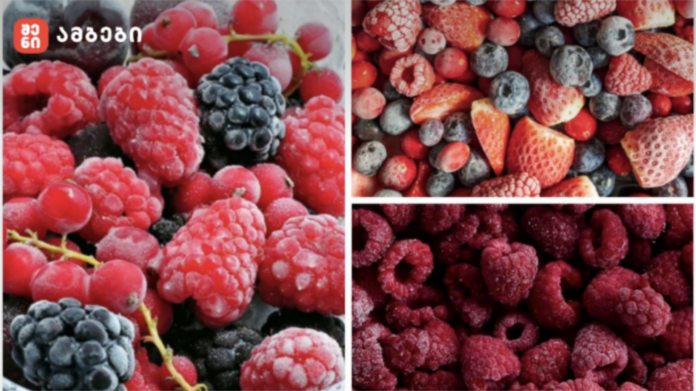 Collage of frozen berries: raspberries, blueberries, strawberries, and blackberries in three panels