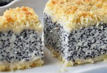გერმანული ღვეზელი Slice of vanilla cake with a speckled poppy seed filling and a golden crumb topping on a white plate.