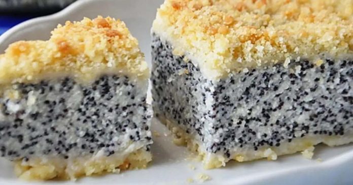 germanuli gvezeli Slice of vanilla cake with a speckled poppy seed filling and a golden crumb topping on a white plate.