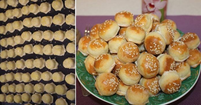 Two-panel image: rows of raw dough balls on a baking tray beside a plate piled with sesame-topped buns, ready for baking or serving.