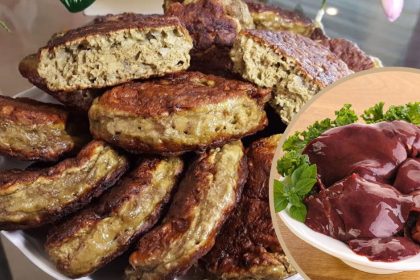 Pile of golden-brown fried meat patties on a plate, with a circular inset showing raw liver garnished with greens.