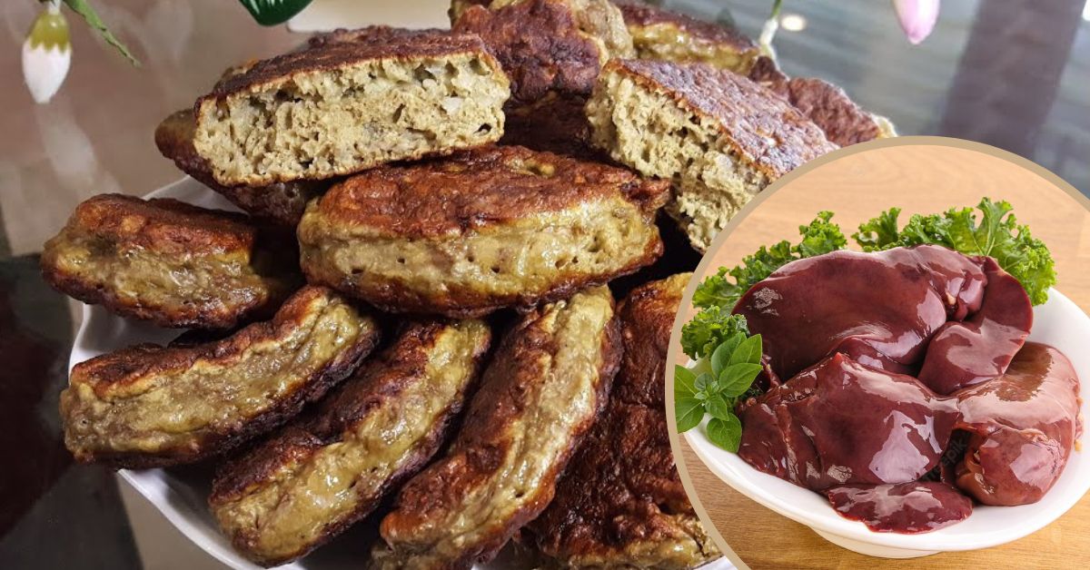 Pile of golden-brown fried meat patties on a plate, with a circular inset showing raw liver garnished with greens.