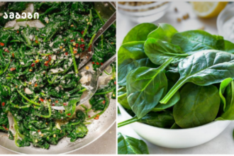 Split image: left side shows sautéed leafy greens with chili flakes in a pan; right side shows fresh spinach leaves in a white bowl.