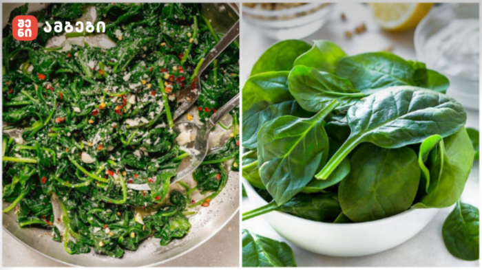 Split image: left side shows sautéed leafy greens with chili flakes in a pan; right side shows fresh spinach leaves in a white bowl.
