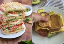 უმარტივესი “ლანჩი” რამდენიმე წუთში 👌 Two-panel image: left shows a tall stack of pesto-tomato grilled cheese sandwiches; right shows a plate with a hand tearing into a tortilla-wrapped breakfast filling, with avocado on the side.