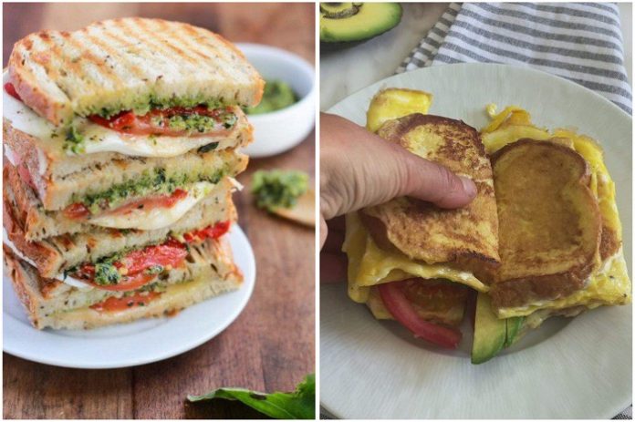lanchi Two-panel image: left shows a tall stack of pesto-tomato grilled cheese sandwiches; right shows a plate with a hand tearing into a tortilla-wrapped breakfast filling, with avocado on the side.