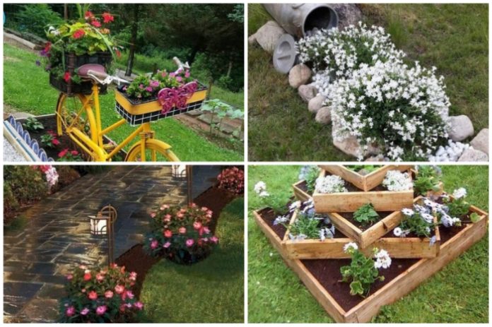 Yellow bicycle with baskets filled with colorful flowers parked on a green lawn garden setting.
