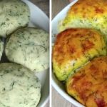 Dill herb buns: raw dough balls with chopped dill in a white bowl (left), ready-to-bake on the right.