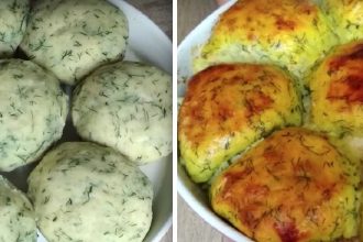Dill herb buns: raw dough balls with chopped dill in a white bowl (left), ready-to-bake on the right.