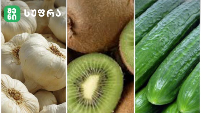 Triptych of fresh produce: garlic on the left, kiwi in the center, and cucumbers on the right.